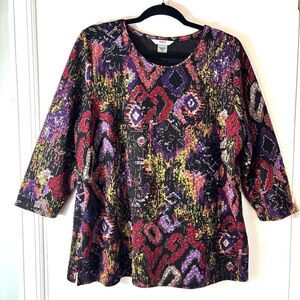 ALIA 1X abstract red purple black multi w gold metallic touches tunic